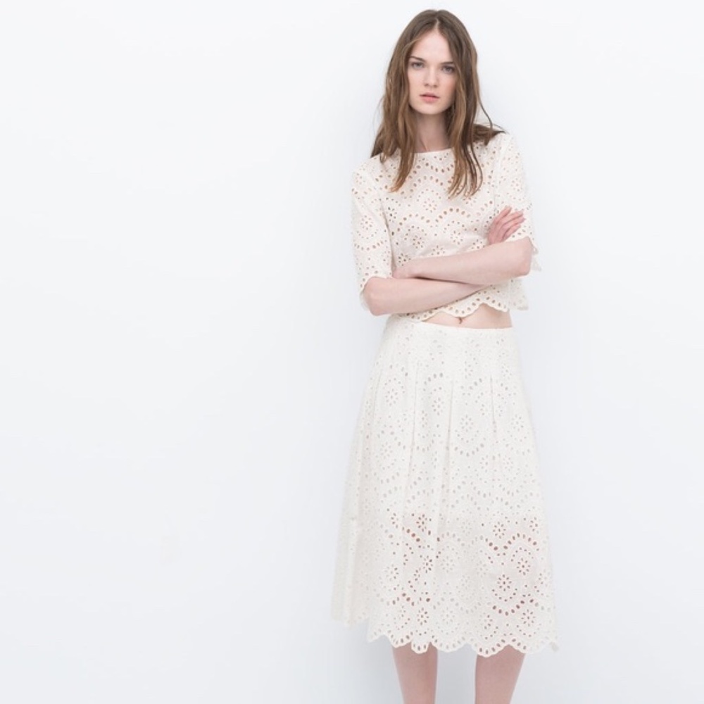 Zara White Eyelet Lace Midi Skirt XS
